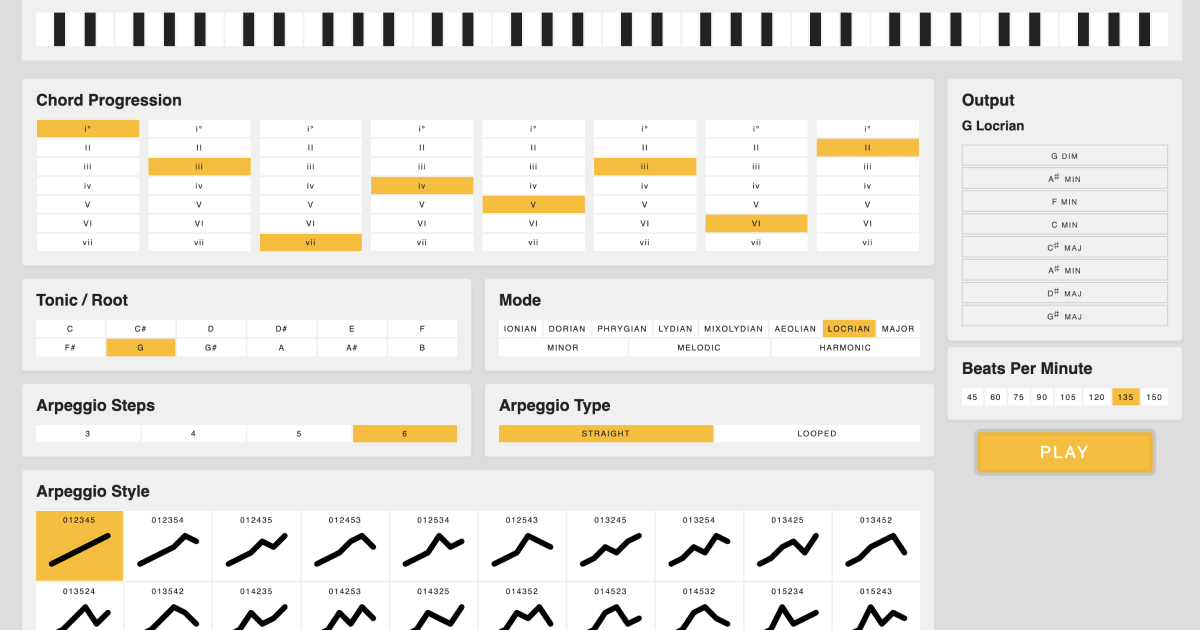 A screenshot of a website with a lot of configuration. I am sorry for not making this site accessible. It is probably not worth the hassle of trying to configure, but you can hit space bar to play once on the page. It is a synthesizer that you configure a loop of intervals, the synth, the key, and the arpeggio style and it’ll loop the chord progression for you.